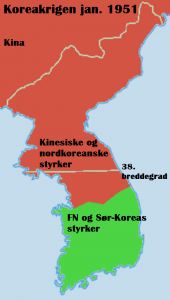 Situasjonen i Koreakrigen januar 1951. Foto: Roke / Wikimedia Commons