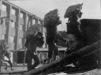 Bildet illustrerer hvordan fanger bar 40 kg sekker med ammoniumsulfat. Bildet ble tatt på 1930-tallet da fabrikken ble drevet av et japansk firma – Nippon Nitrogen Fertilizer Co., Tokyo