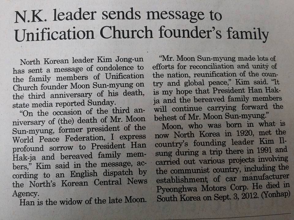Det koreanske nyhetsbyrået Yonhaps artikkel 30. august 2015 om Kim Jong-uns kondolansebrev til Sun Myung Moons enke og pårørende. Yonhap Nyhetsbyraas melding om Kim Jong-uns kondolansebrev